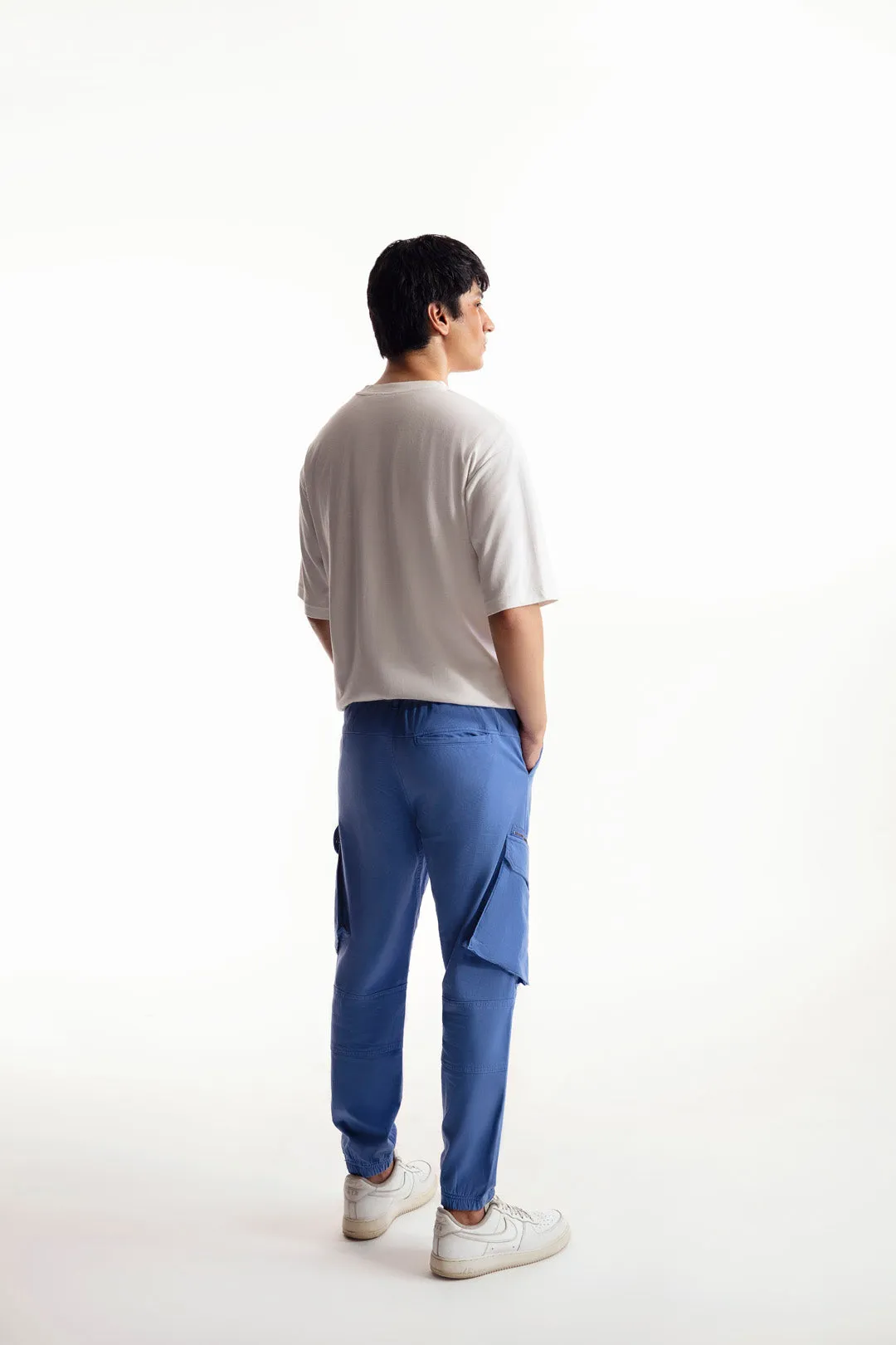 Denim Blue Cargo Pants With Rubber Tag