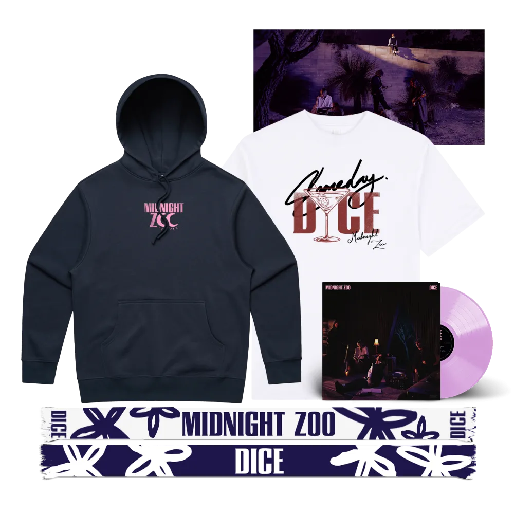 DICE / Midnight Zoo LP Clear Pink Vinyl, Hoodie, T-Shirt & Scarf Bundle