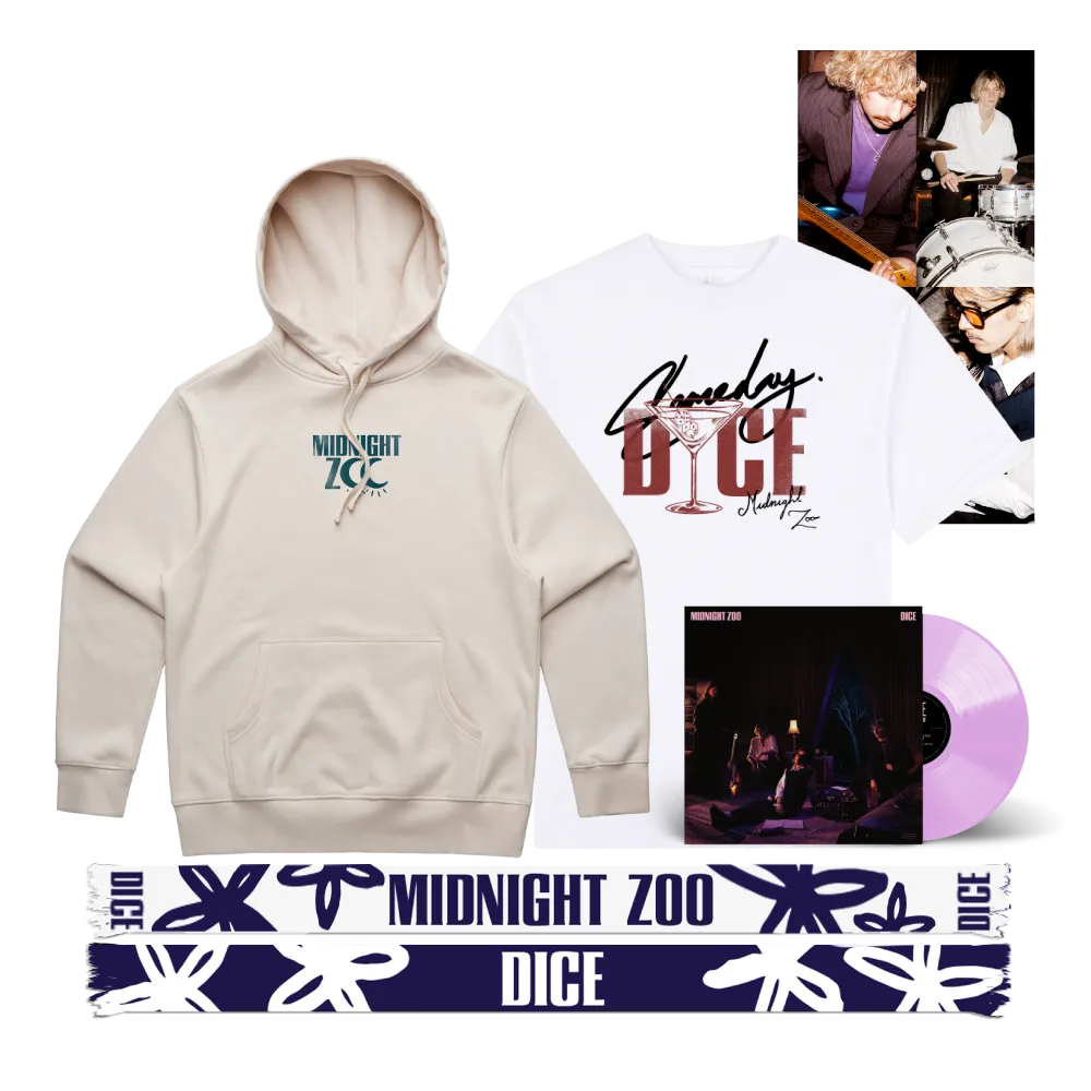 DICE / Midnight Zoo LP Clear Pink Vinyl, Hoodie, T-Shirt & Scarf Bundle