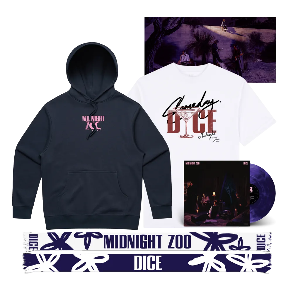 DICE / Midnight Zoo LP Purple & Black Marble Vinyl, Hoodie, T-Shirt & Scarf Bundle