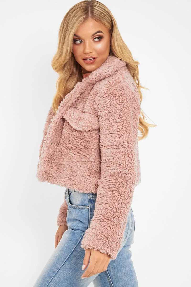 Dusky Pink Cropped Borg Popper Button Coat - Ezmerelda