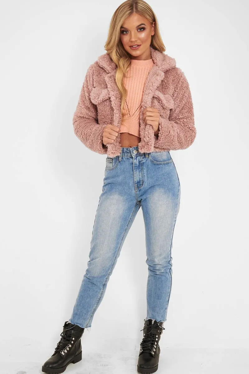 Dusky Pink Cropped Borg Popper Button Coat - Ezmerelda