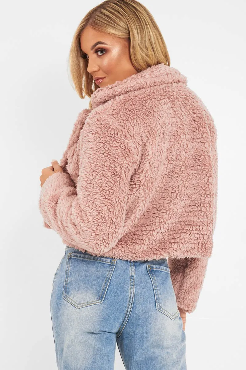 Dusky Pink Cropped Borg Popper Button Coat - Ezmerelda