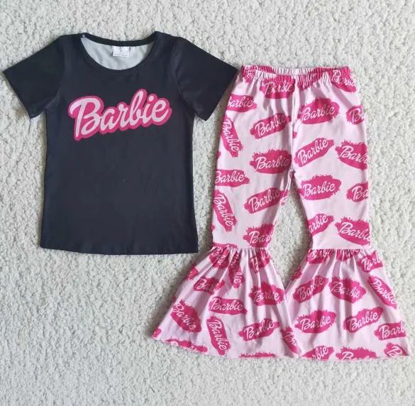 E2-19 black short-sleeved pink flared pants set