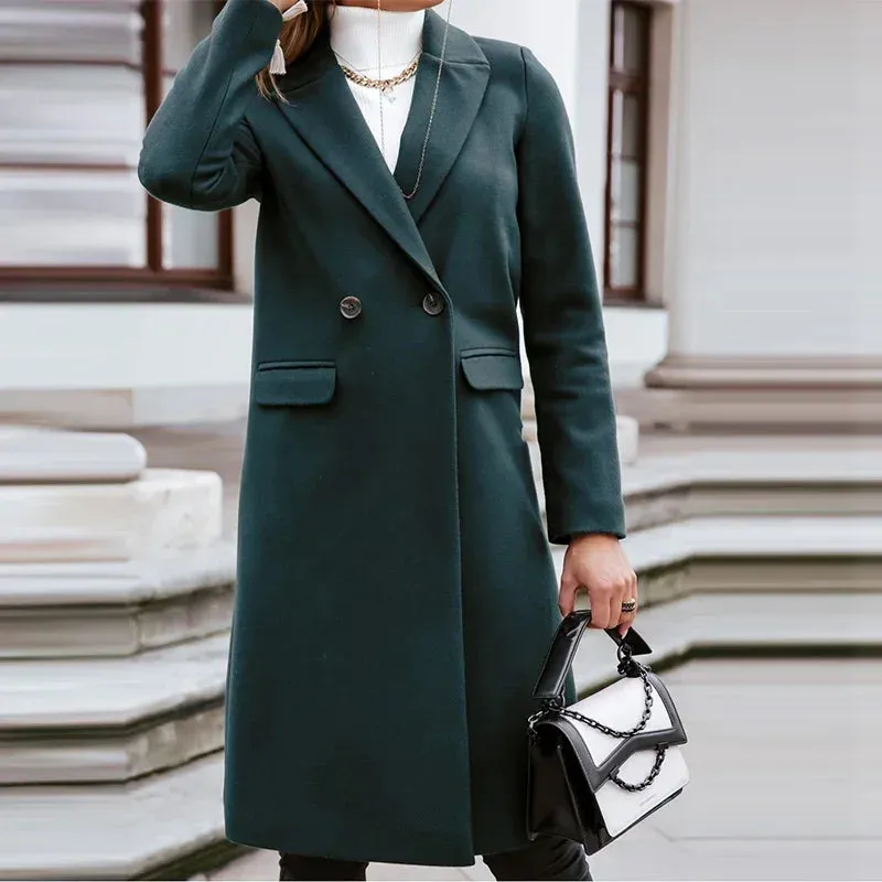 Elegant Long Overcoat Autumn Winter Turn-Down Collar Woolen Office Lady Coats