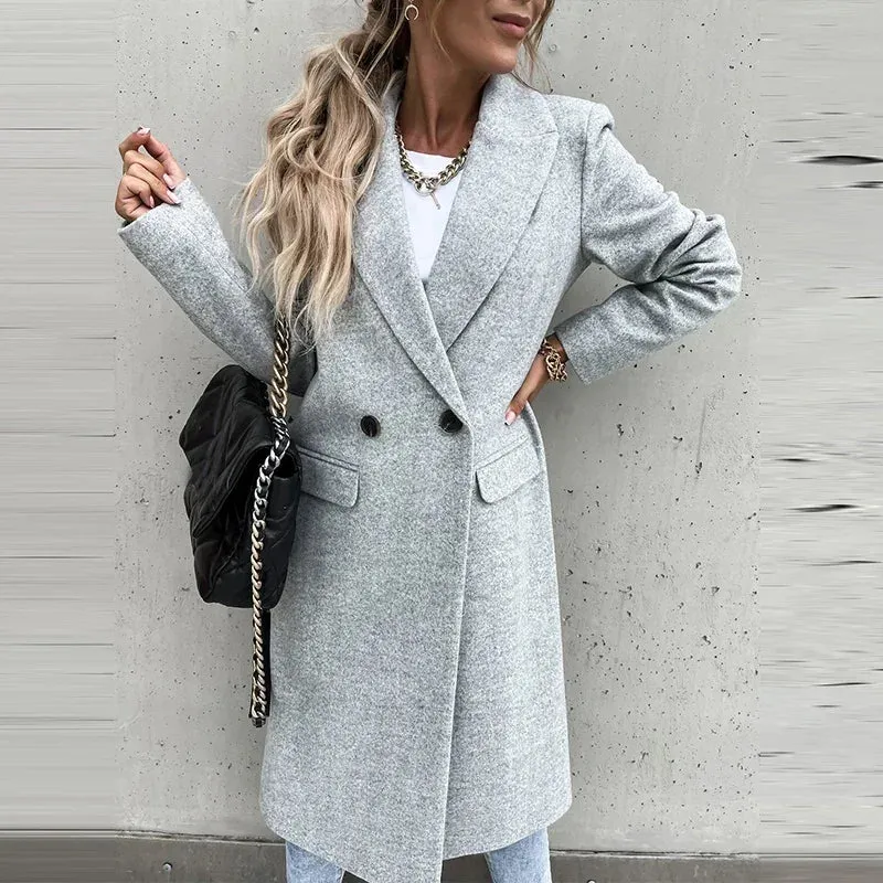 Elegant Long Overcoat Autumn Winter Turn-Down Collar Woolen Office Lady Coats