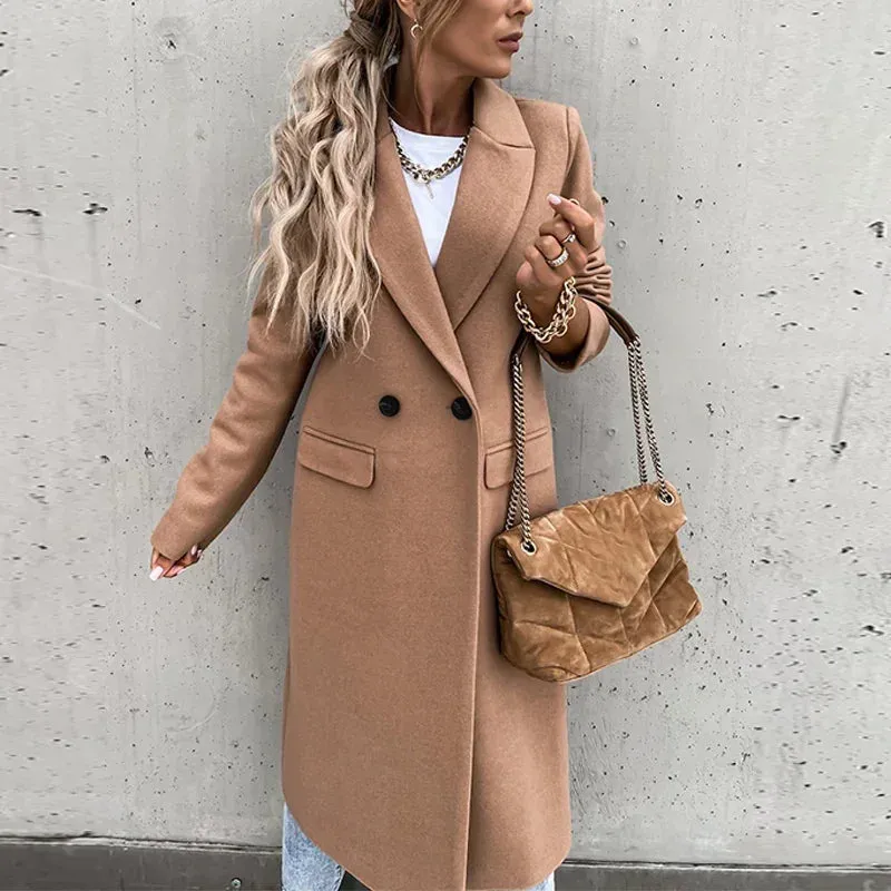 Elegant Long Overcoat Autumn Winter Turn-Down Collar Woolen Office Lady Coats