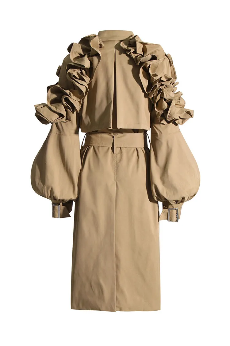 Elegant Puff Sleeve Button Front Belted Cinch Waist Ruffle Trench Coat