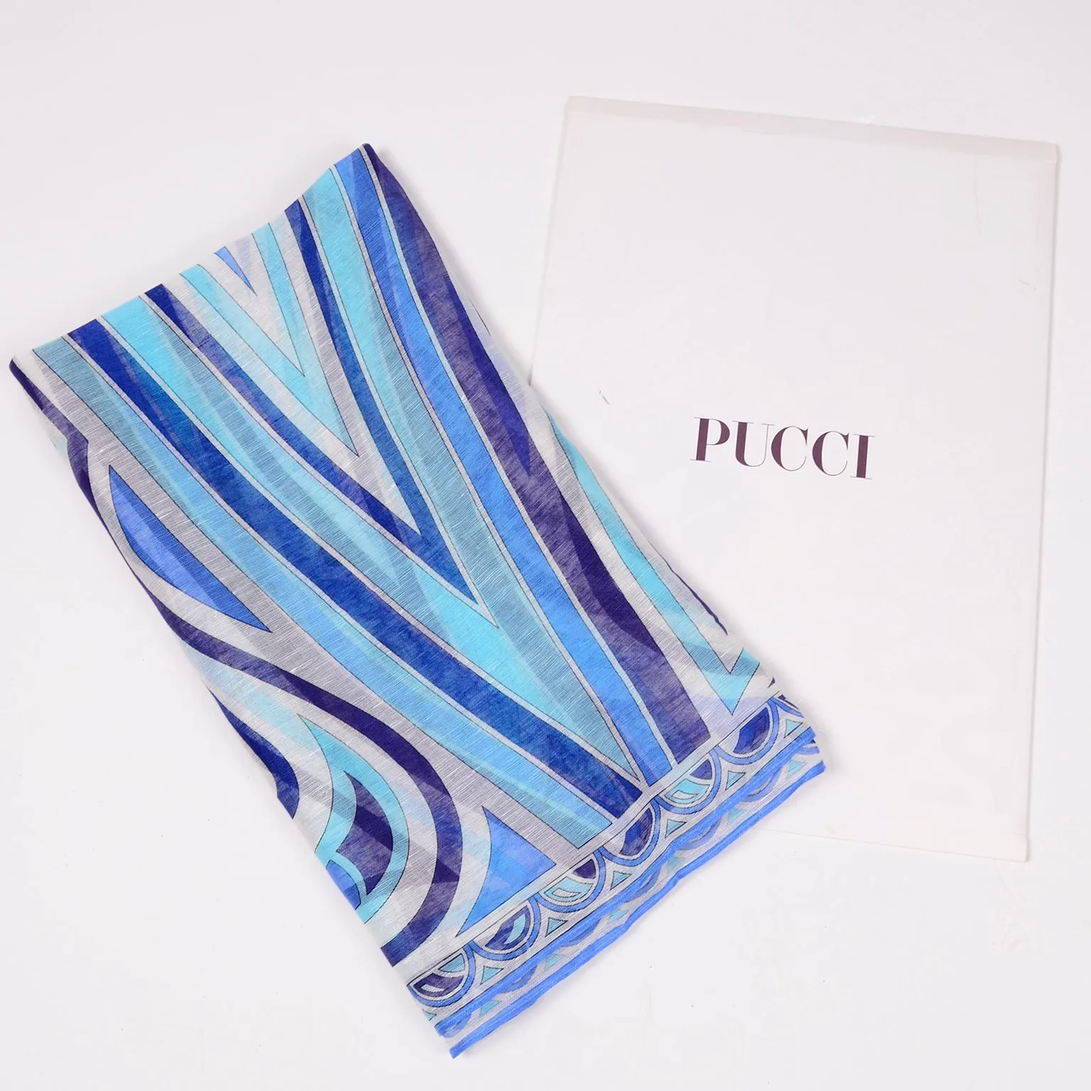 Emilio Pucci Deadstock Linen Blend Scarf in Shades of Blue W Box