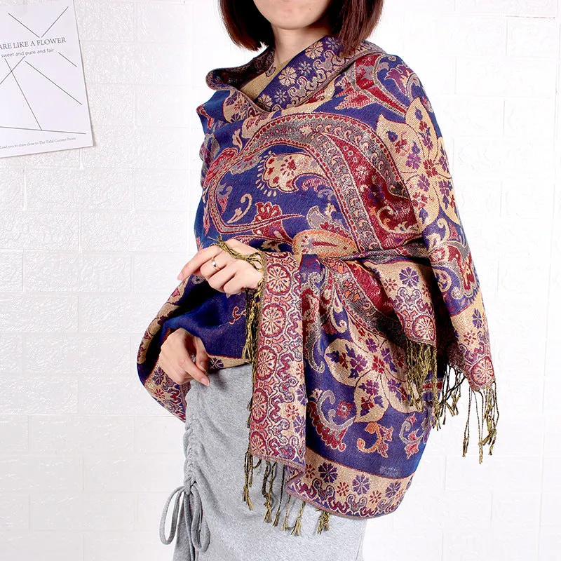 Ethnic Style Shawl Vintage Fringed Cheongsam Scarf Women's Purple Gold Flower Cashew Long Scarf