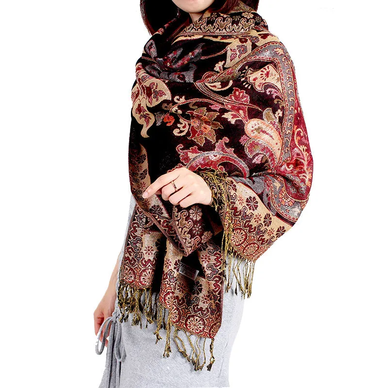 Ethnic Style Shawl Vintage Fringed Cheongsam Scarf Women's Purple Gold Flower Cashew Long Scarf