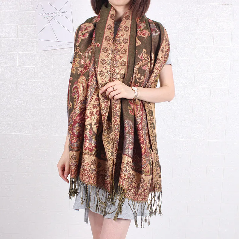 Ethnic Style Shawl Vintage Fringed Cheongsam Scarf Women's Purple Gold Flower Cashew Long Scarf