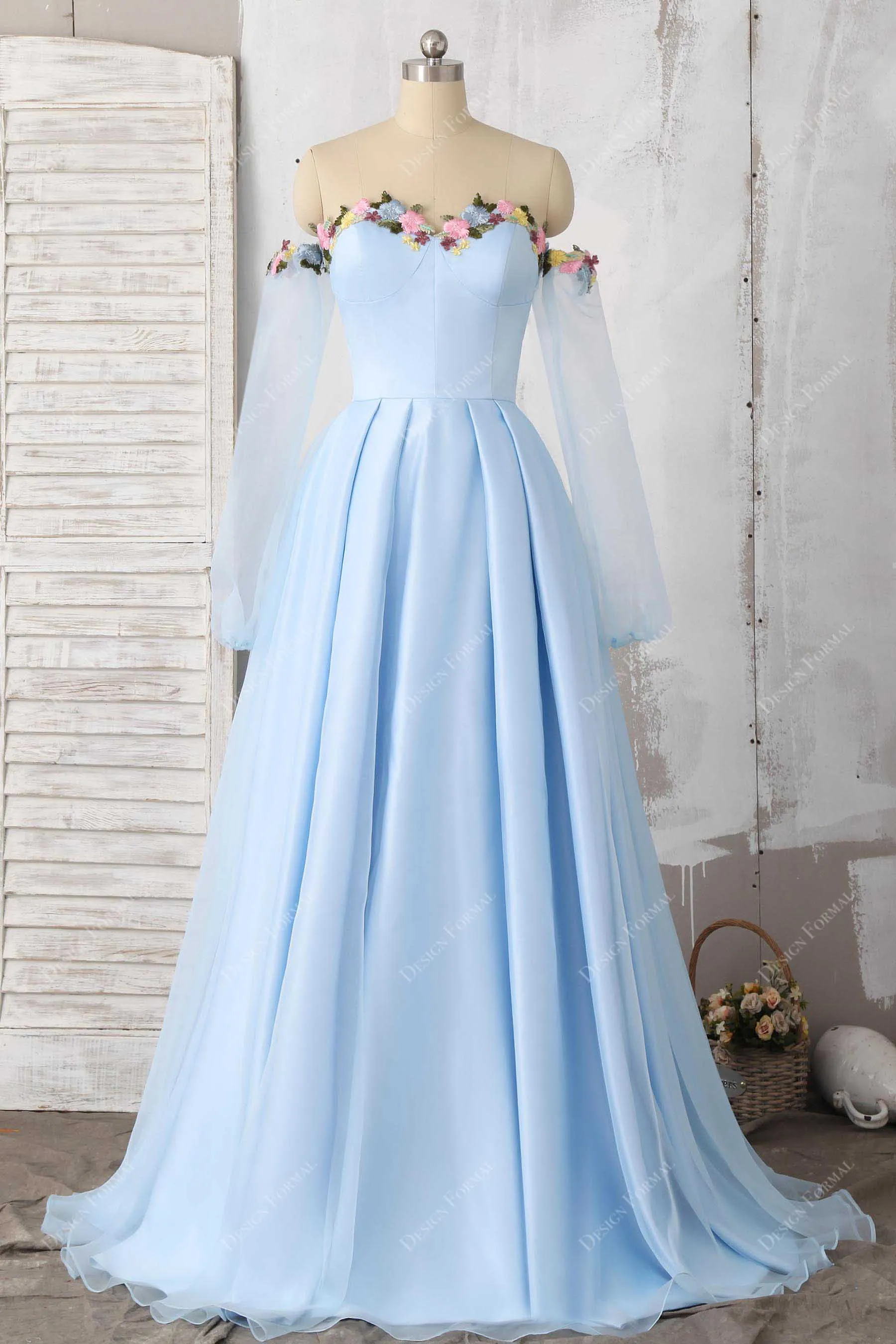 Fairy Flower Off-Shoulder Sky Blue Organza Sleeved Prom Dress