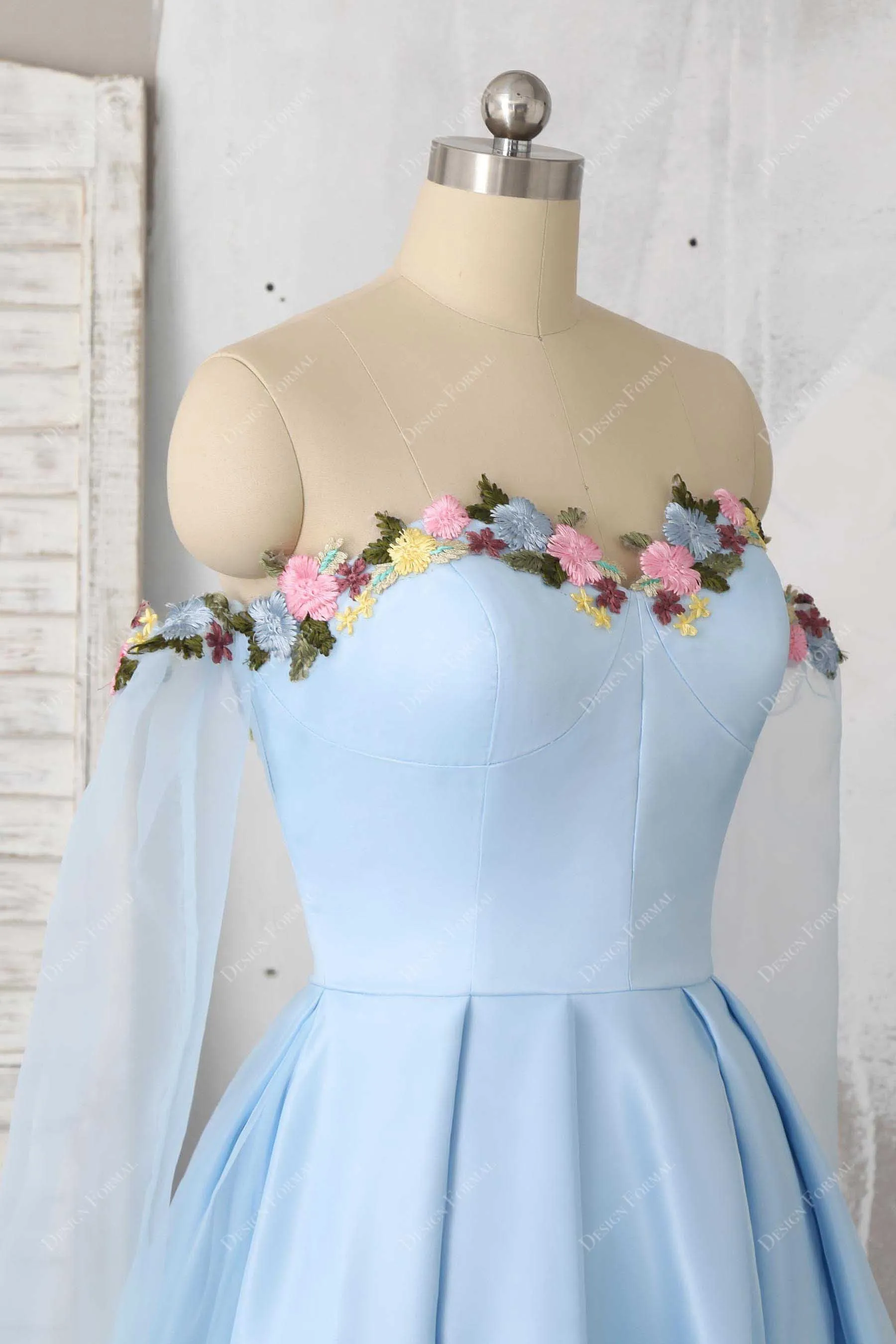 Fairy Flower Off-Shoulder Sky Blue Organza Sleeved Prom Dress