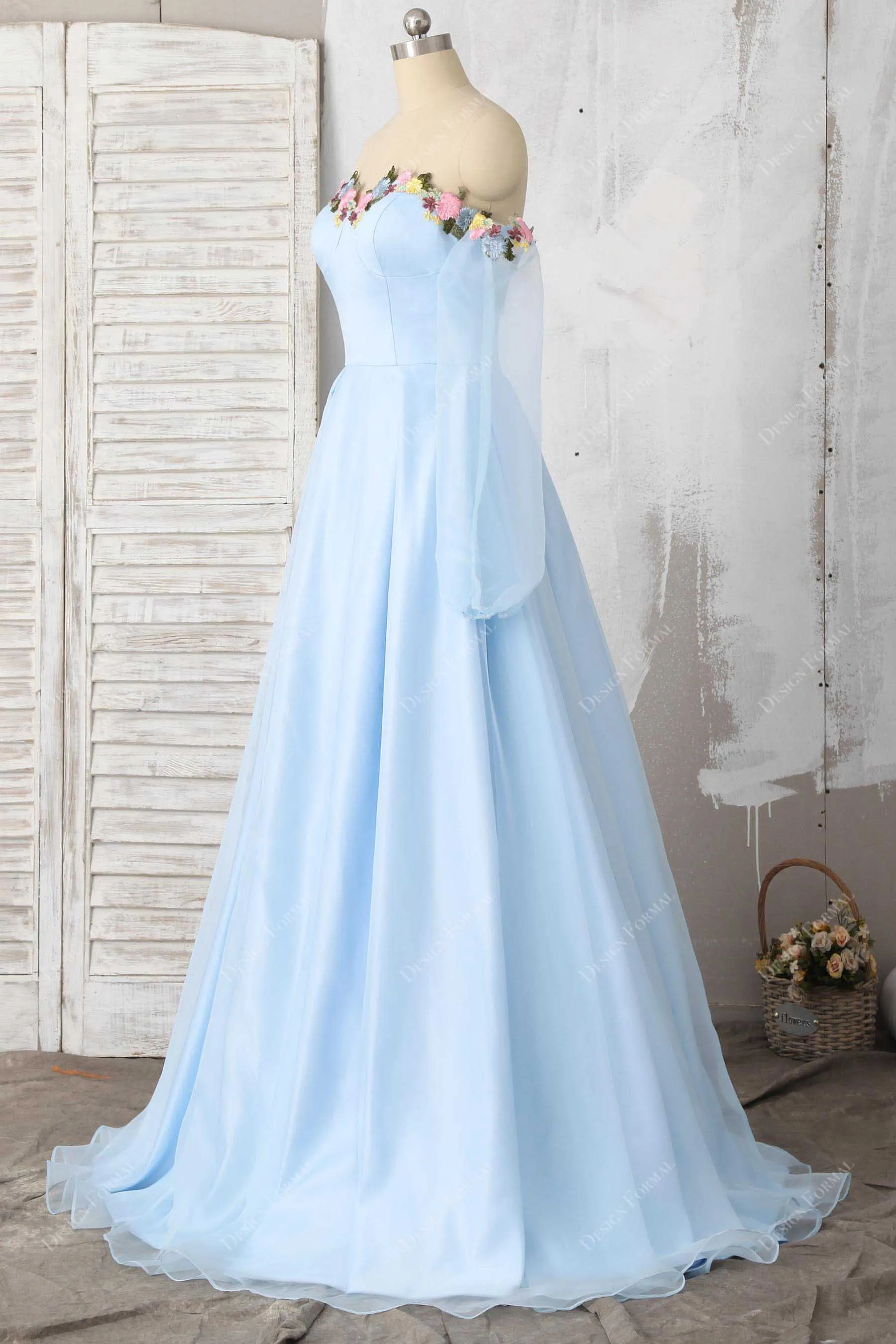 Fairy Flower Off-Shoulder Sky Blue Organza Sleeved Prom Dress