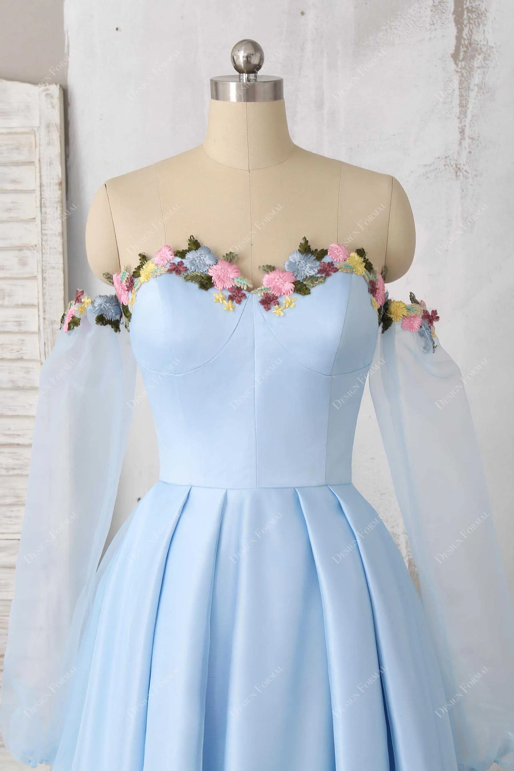 Fairy Flower Off-Shoulder Sky Blue Organza Sleeved Prom Dress