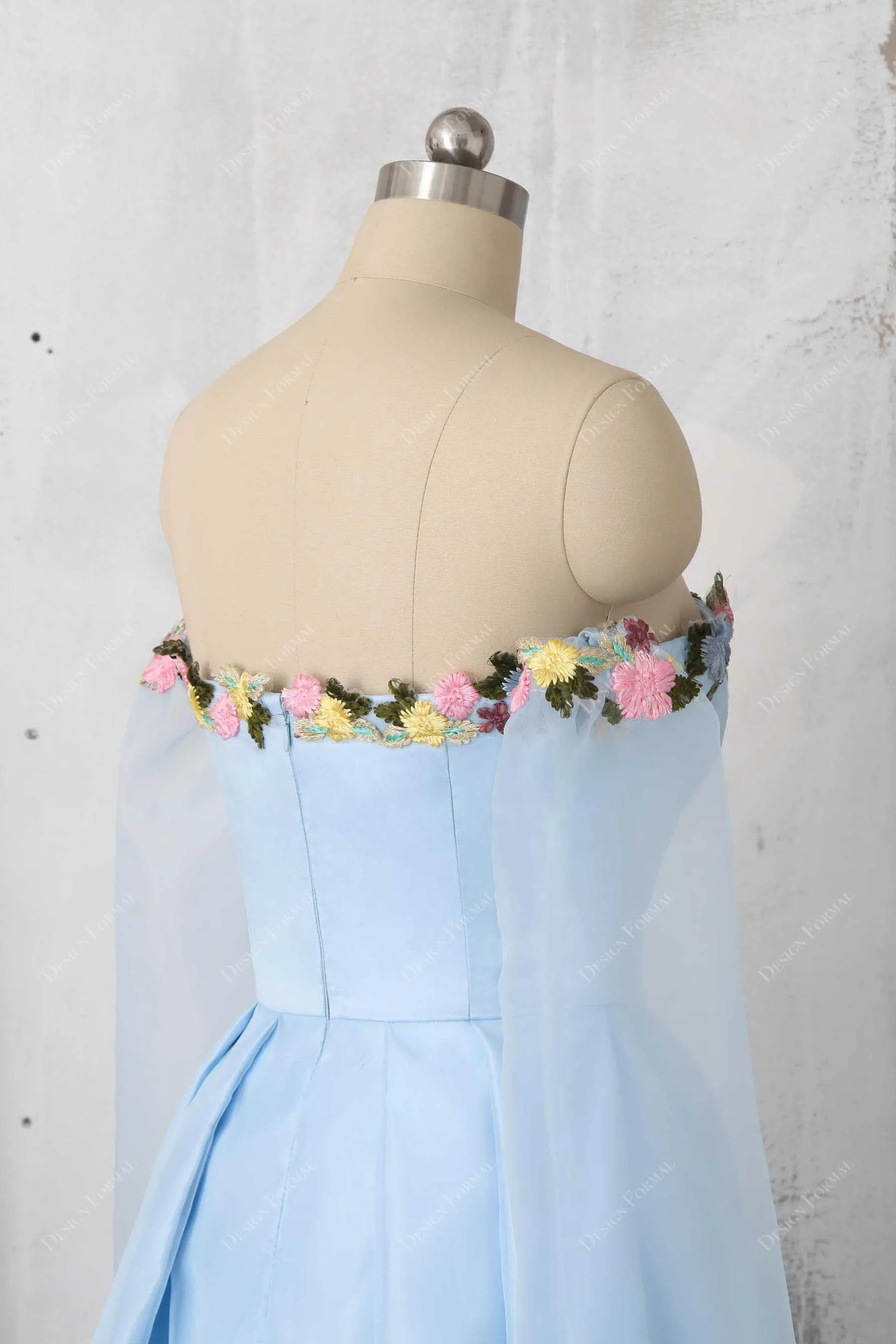 Fairy Flower Off-Shoulder Sky Blue Organza Sleeved Prom Dress