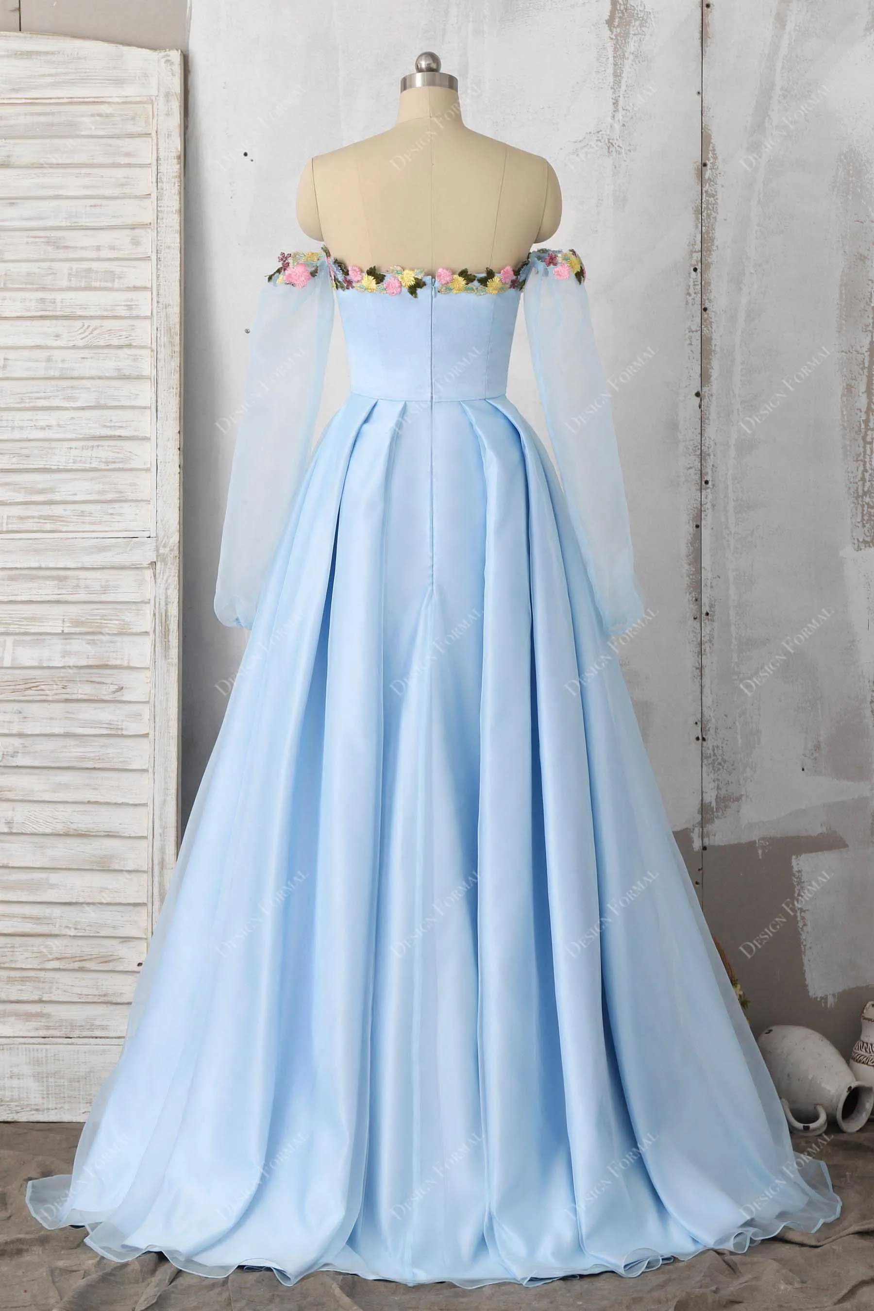 Fairy Flower Off-Shoulder Sky Blue Organza Sleeved Prom Dress