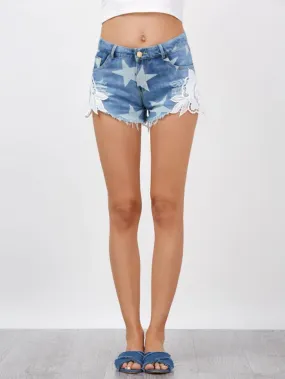 Fashion Lace Embellished Star Cut Off Jean Shorts