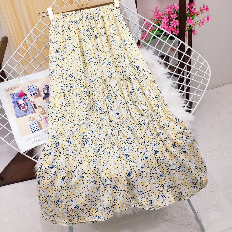 Fashion Tiny Floral Ruffles Wrap Midi Skirt