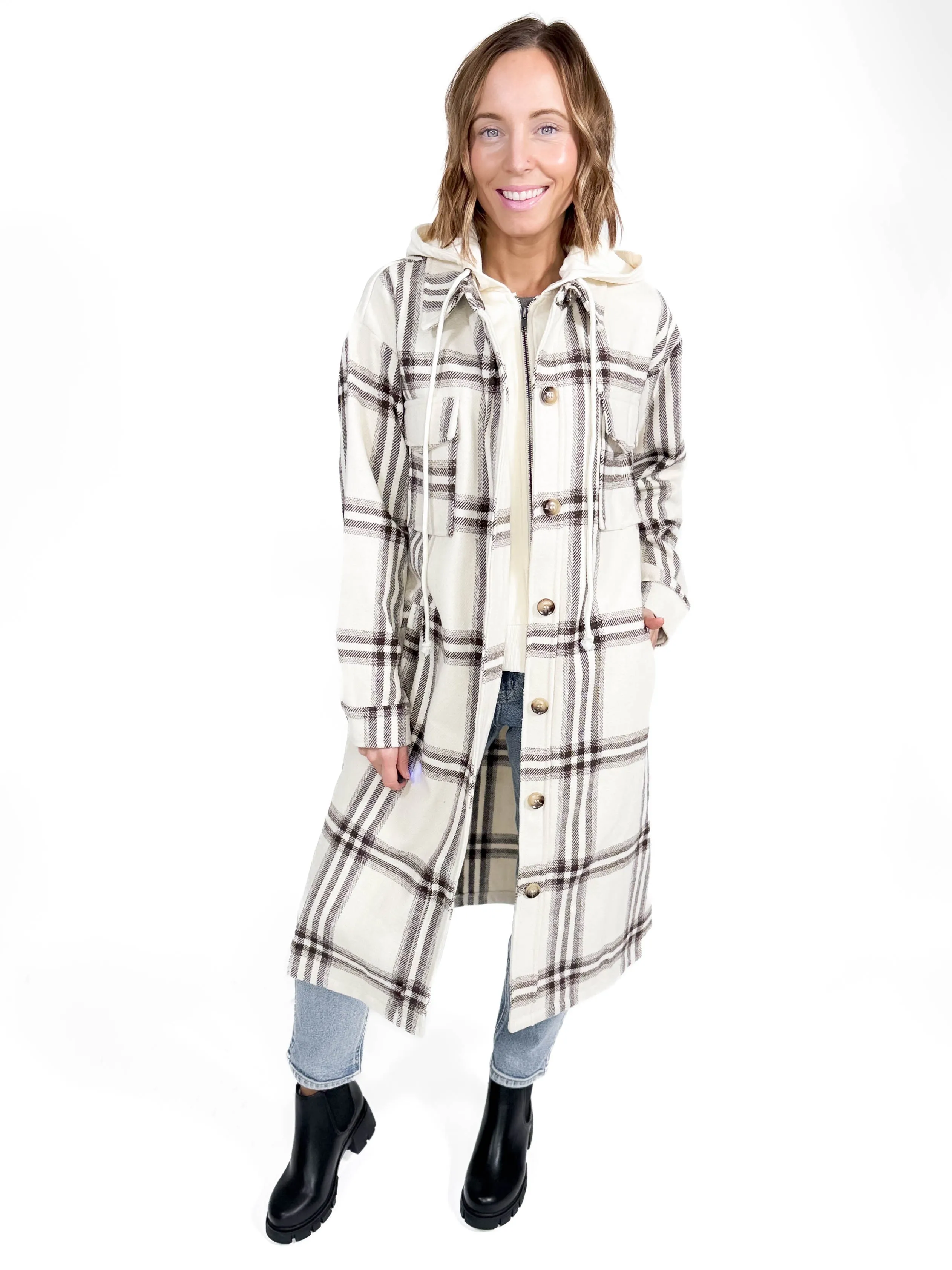 Fireside Twofer Hoodie Shacket- CREAM PLAID