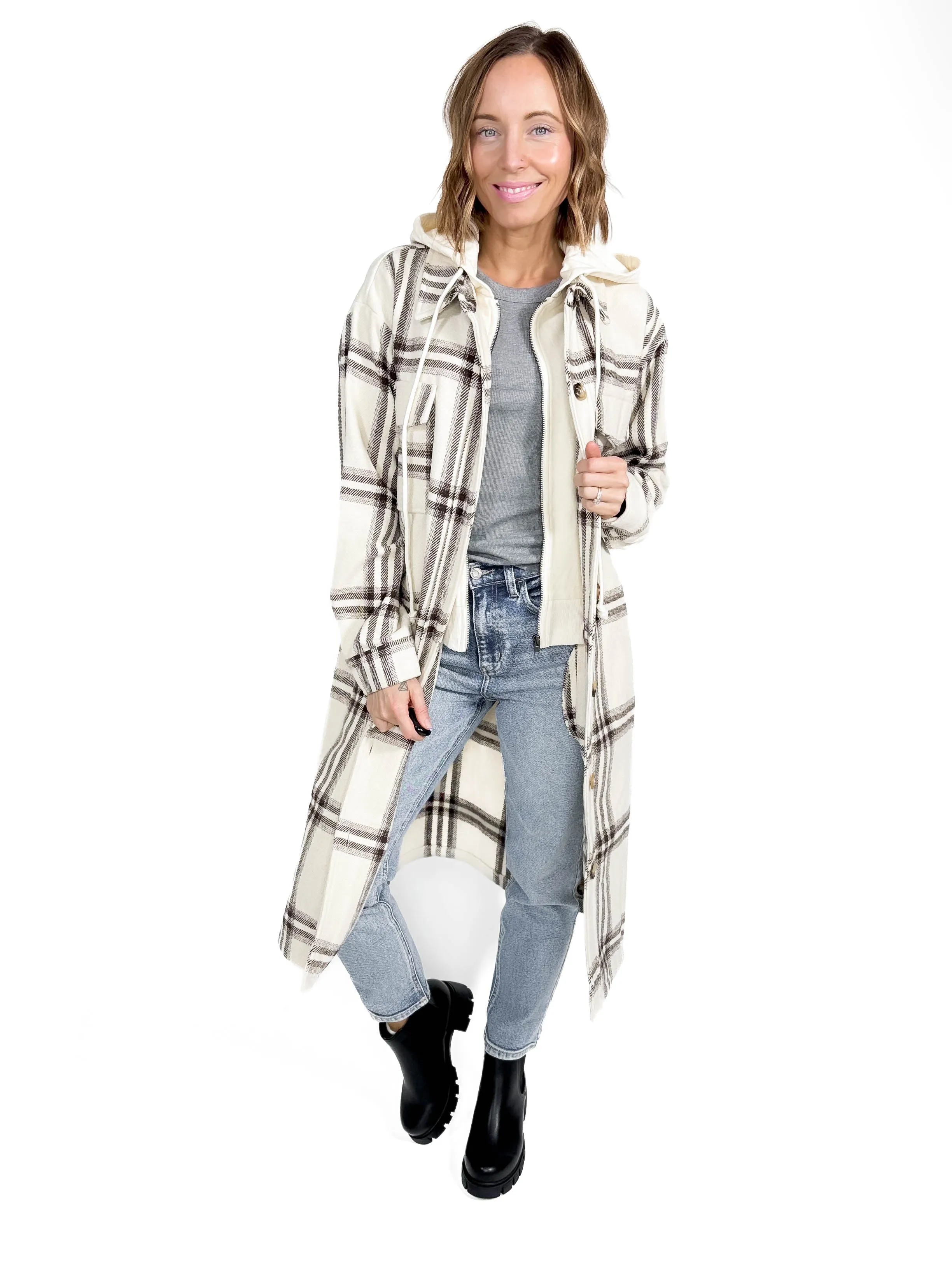 Fireside Twofer Hoodie Shacket- CREAM PLAID