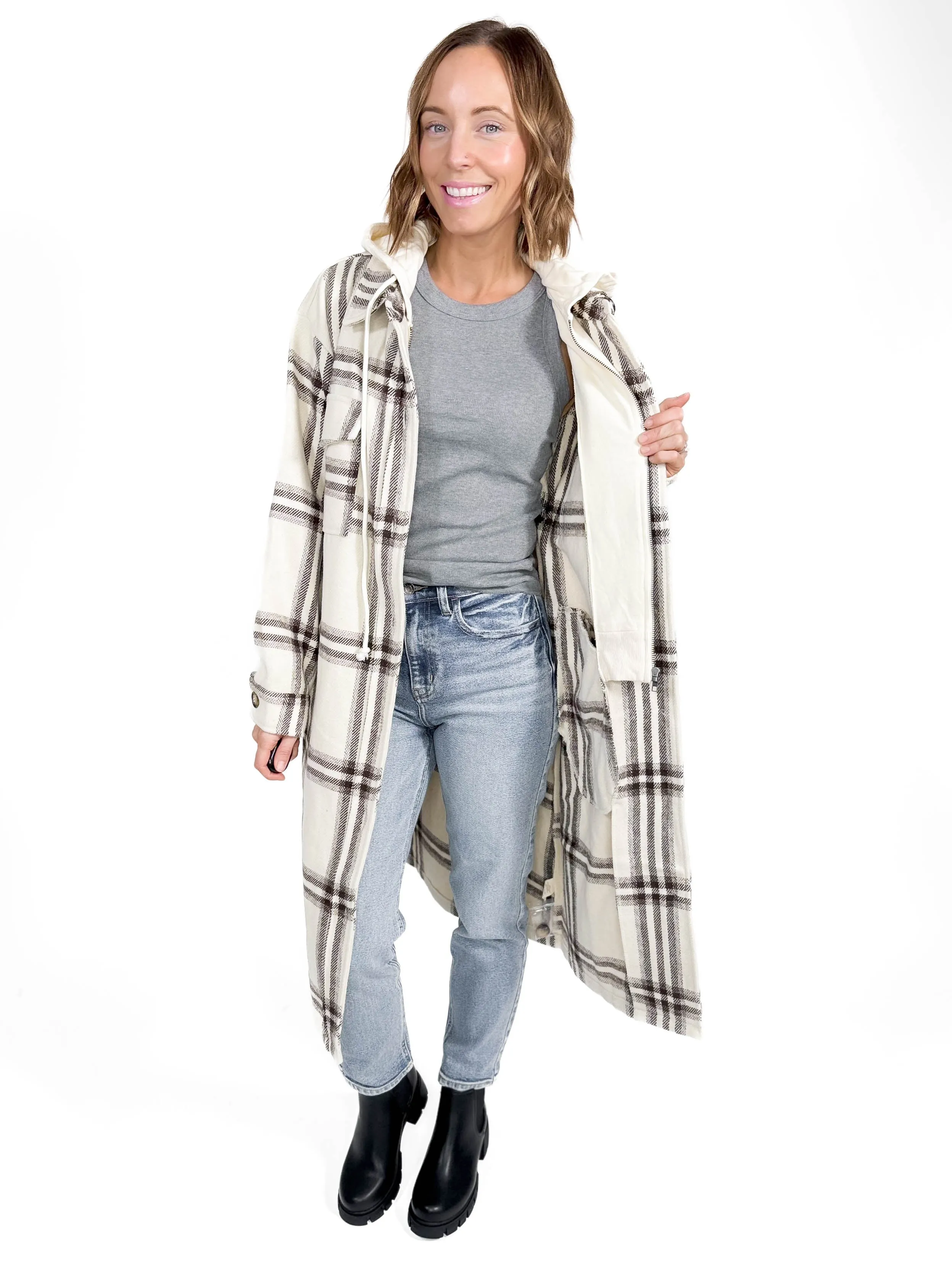 Fireside Twofer Hoodie Shacket- CREAM PLAID