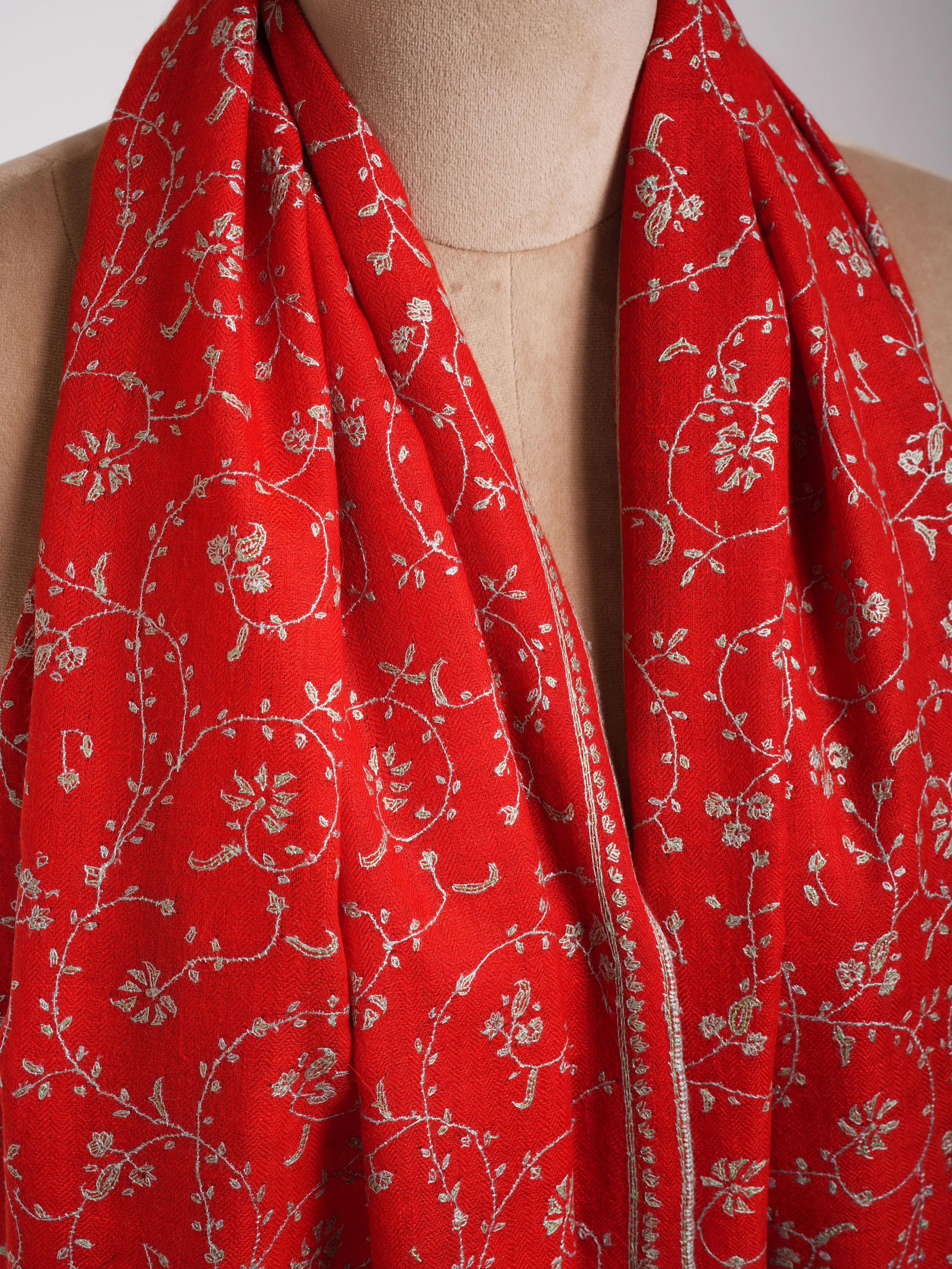 Flame Scarlet Hand Embroidered Cashmere Wedding Scarf