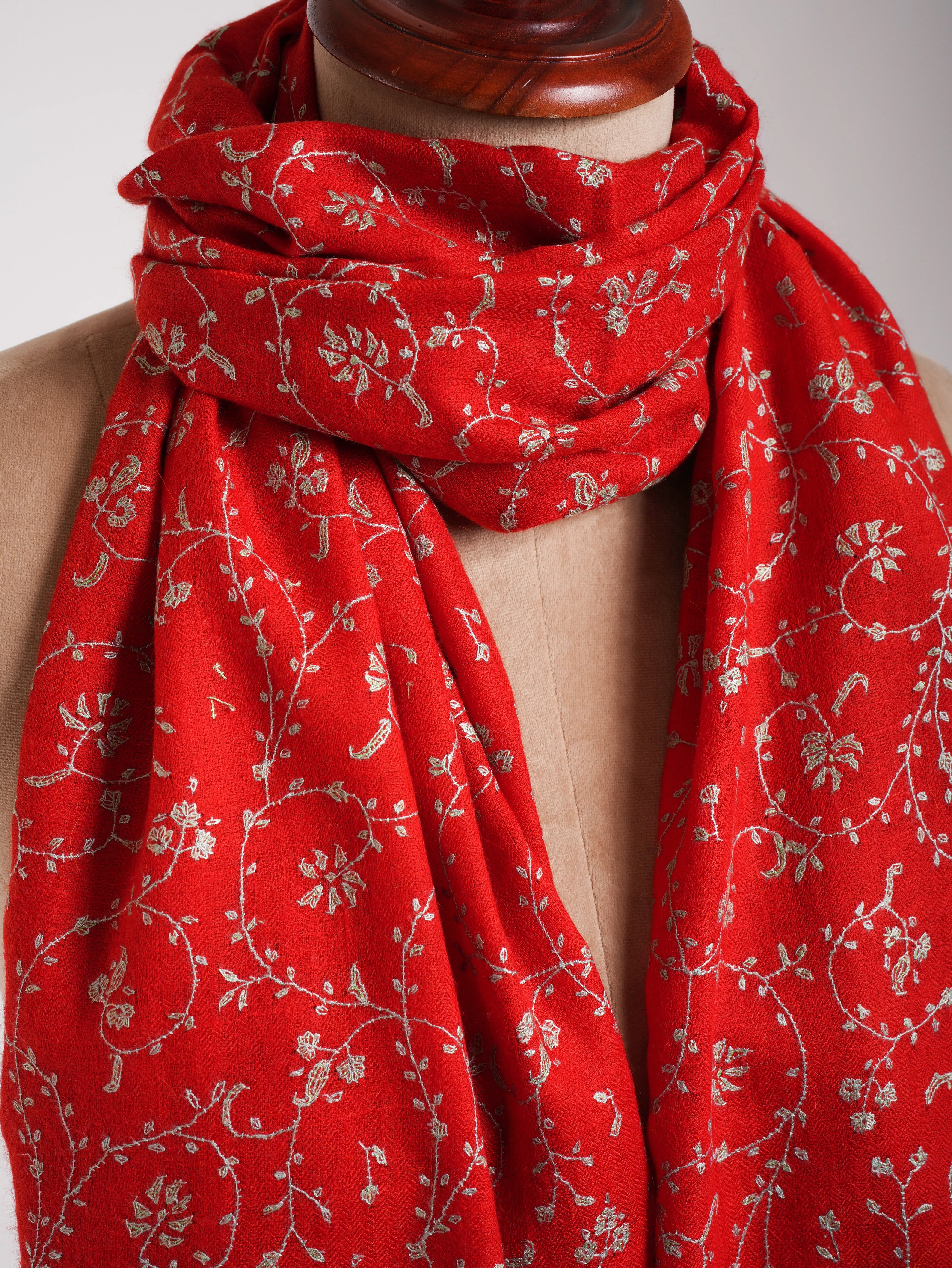 Flame Scarlet Hand Embroidered Cashmere Wedding Scarf