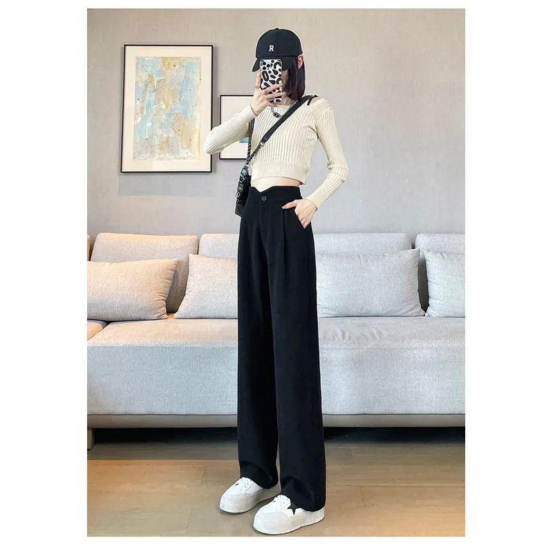 Floor-Length Casual Slimming Straight Draping High-Waisted Pants