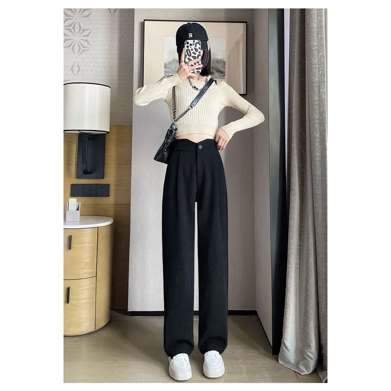 Floor-Length Casual Slimming Straight Draping High-Waisted Pants