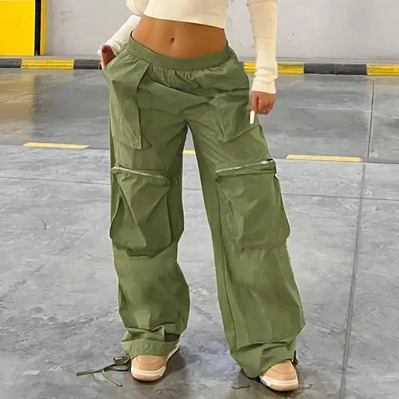 Girlary American vintage cargo pants women zipper multi pocket casual pants tights Gothic European street wide leg pants