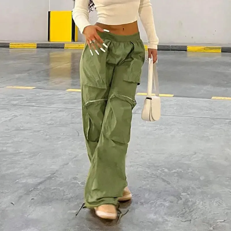 Girlary American vintage cargo pants women zipper multi pocket casual pants tights Gothic European street wide leg pants