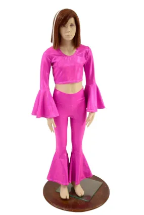 Girls Neon Pink Trumpet Sleeve Crop  & Bell Bottom Flares Set