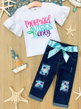 Girls "Mermaid Vibes Only" Ruffle Top and Patched Jeans Set with Sash