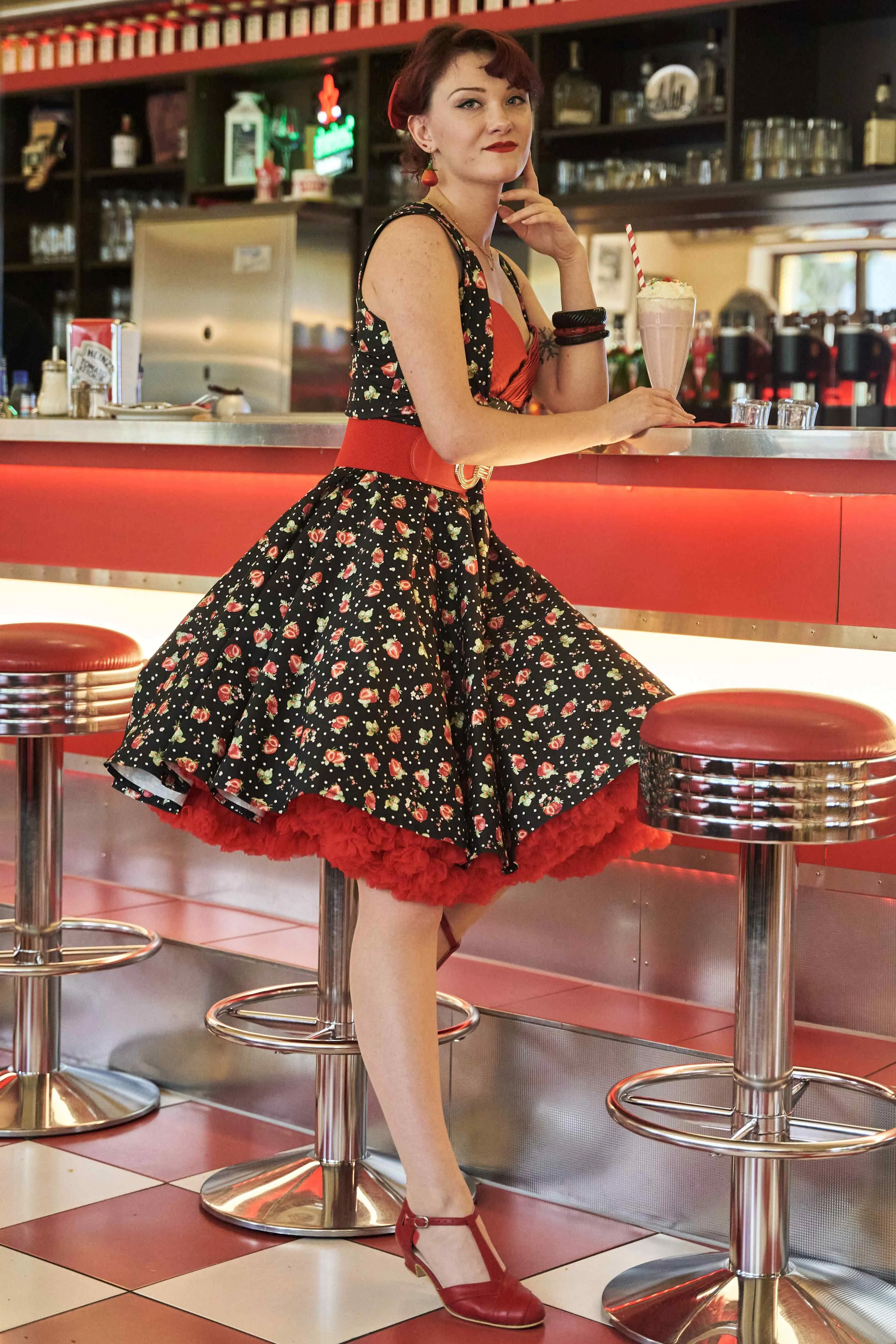 Grace Black Strawberry Pleated Bust Dress