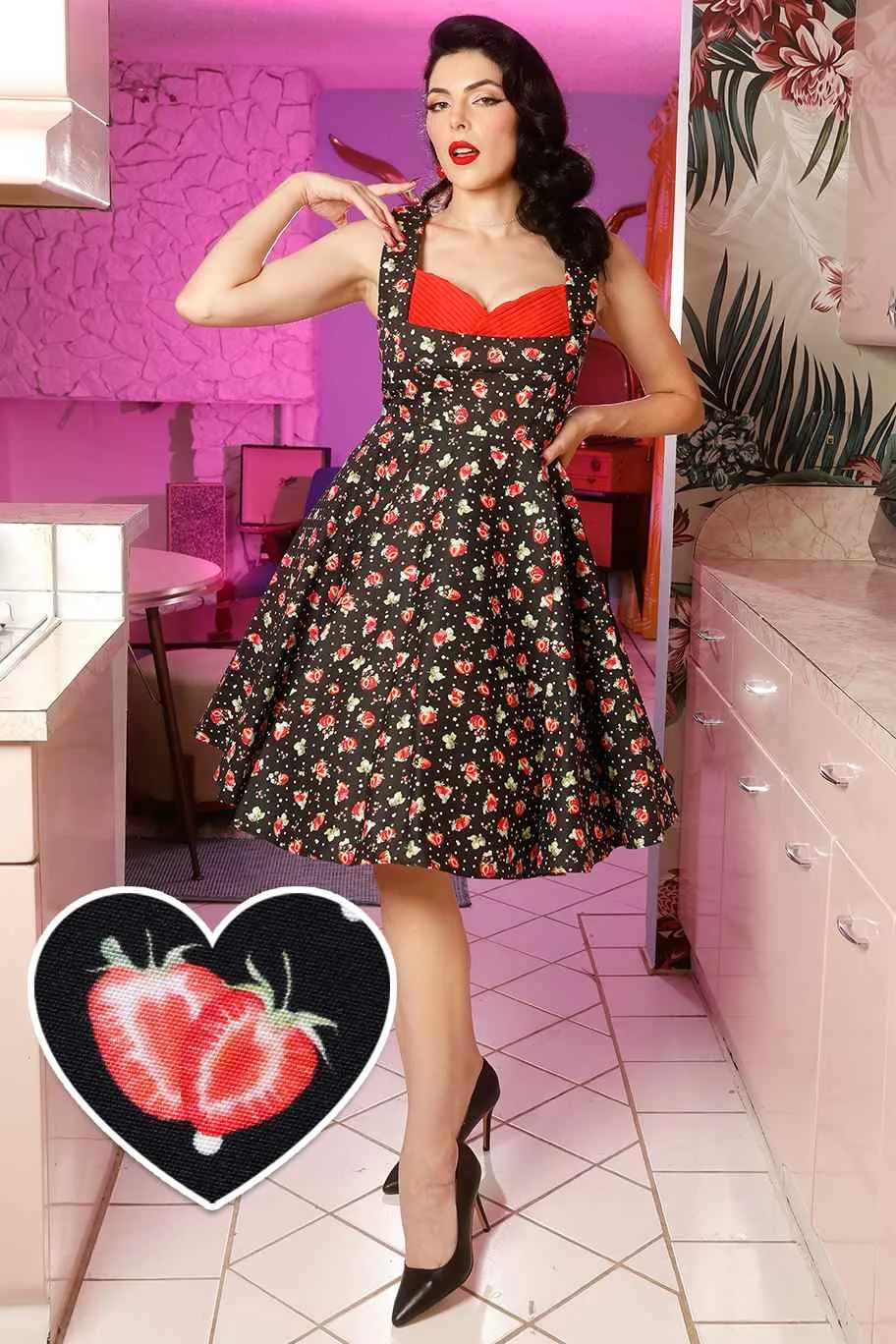 Grace Black Strawberry Pleated Bust Dress