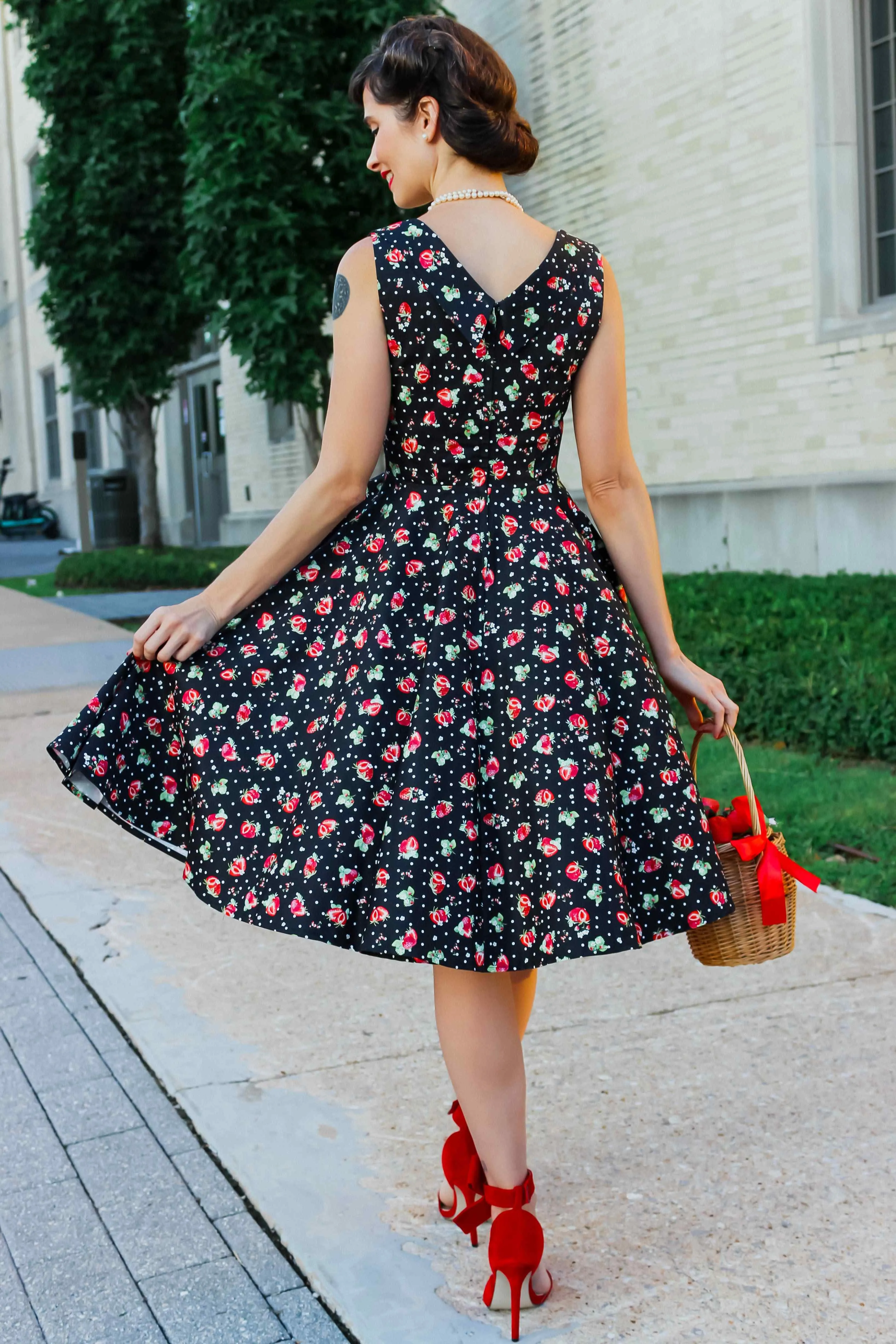 Grace Black Strawberry Pleated Bust Dress