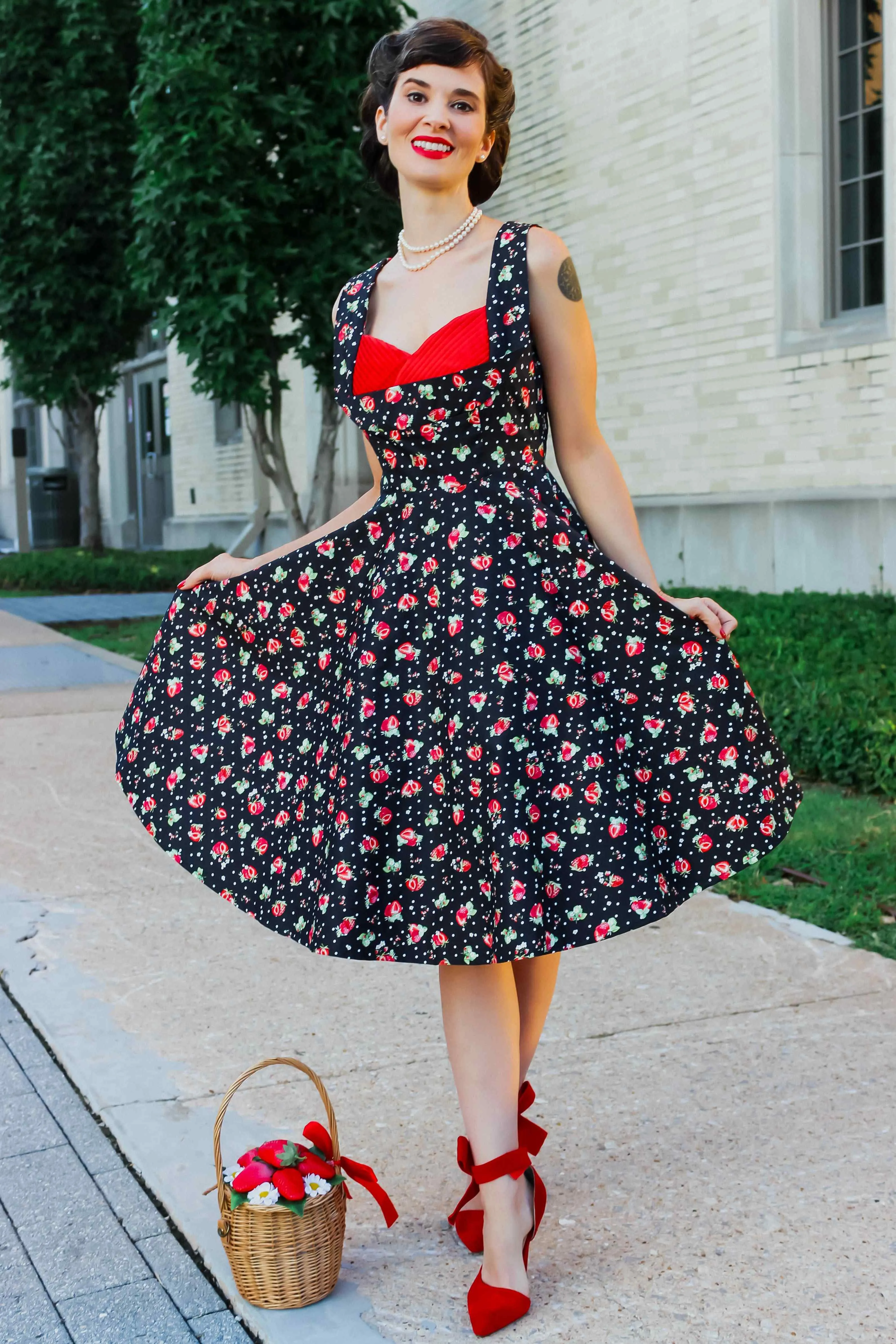 Grace Black Strawberry Pleated Bust Dress