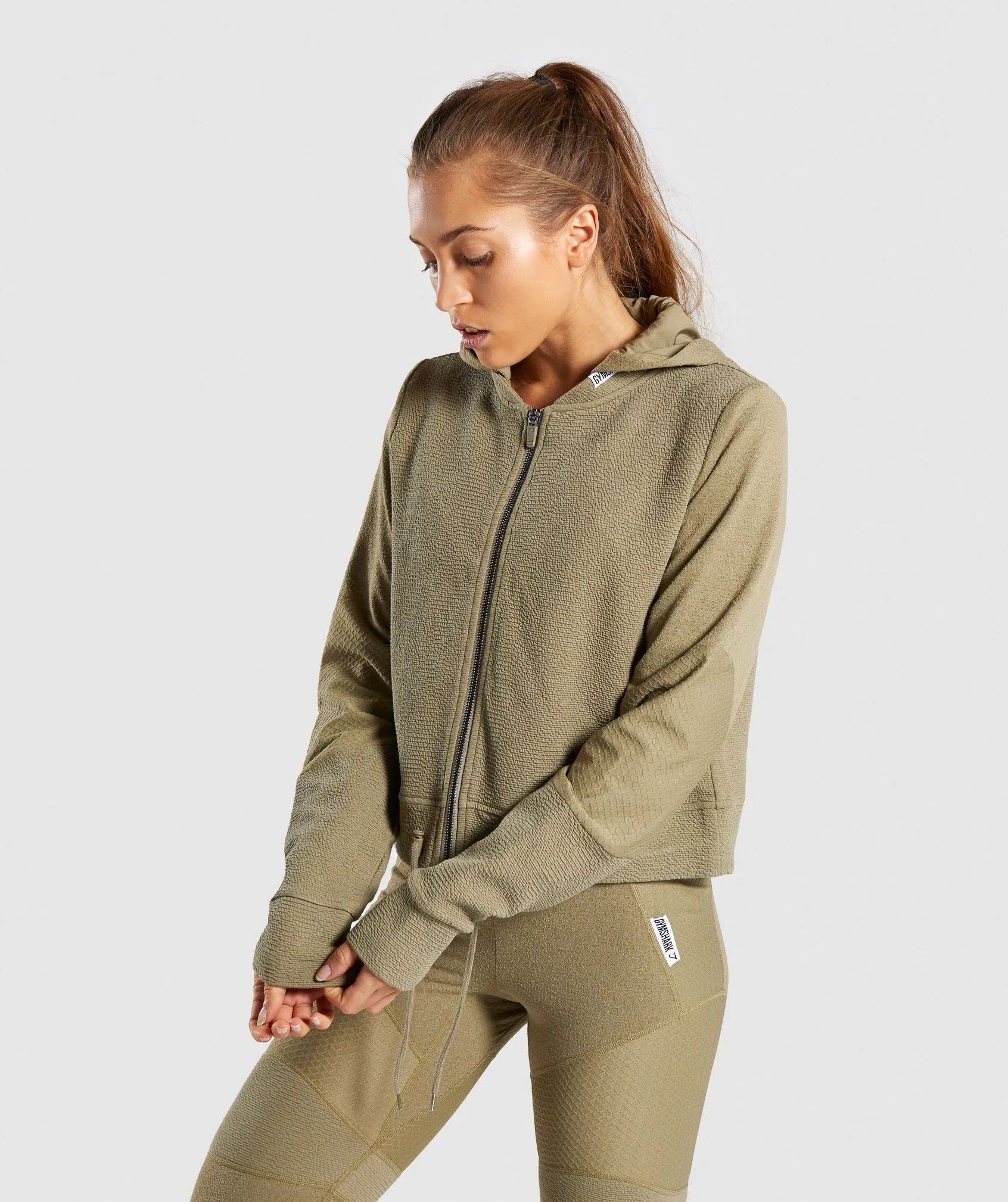 Gymshark True Texture Hooded Bomber Jacket - Washed Khaki