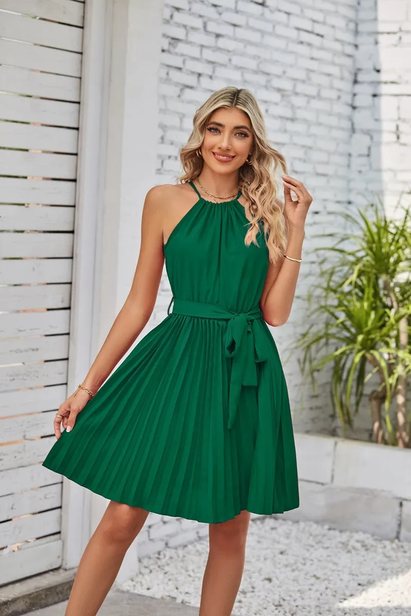 Halter Strapless Dresses For Women Solid Pleated Skirt Summer Beach Sundress