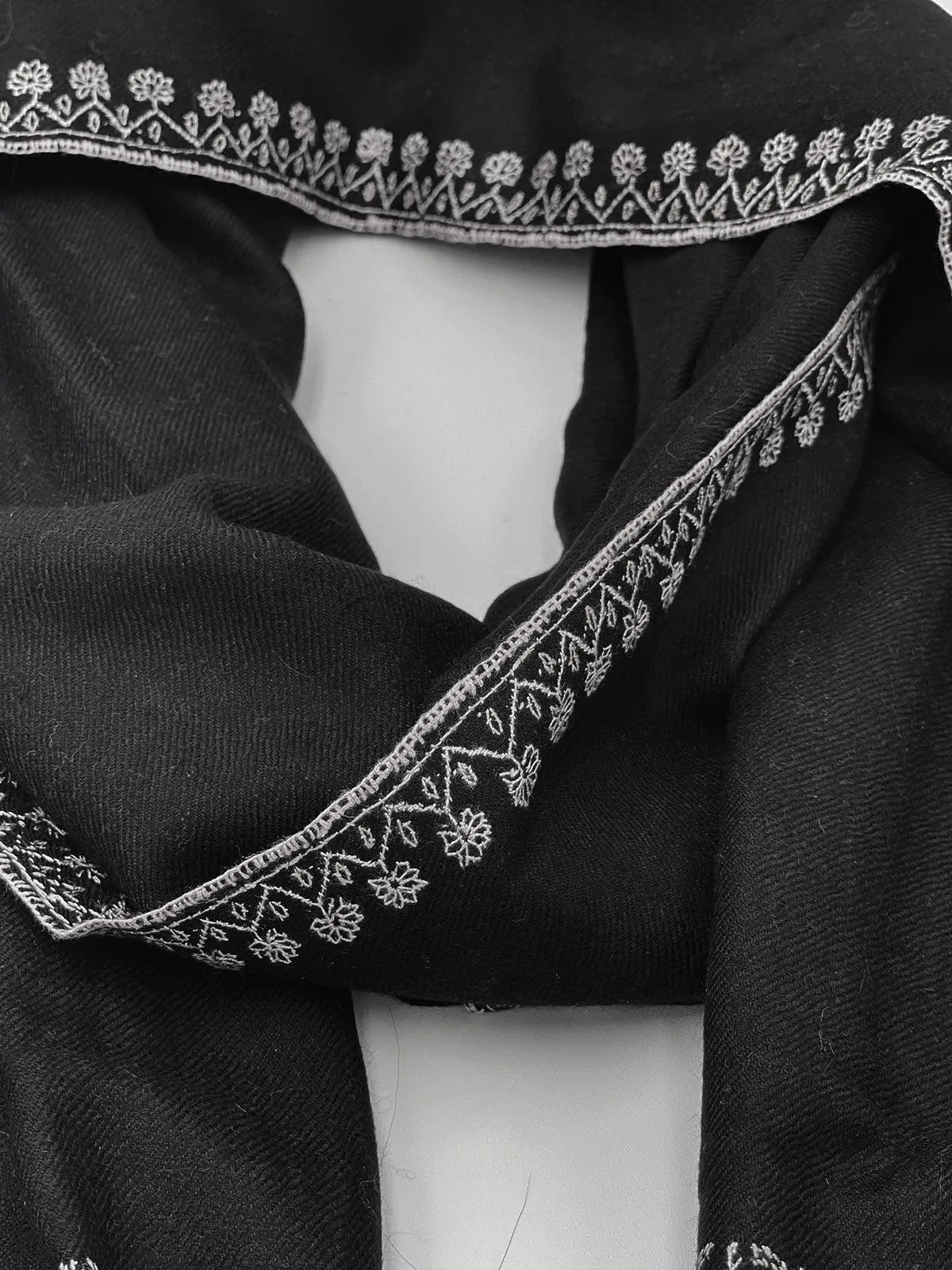 Handwoven 100% Pashmina - BLACK WITH PASTEL EMBROIDERY