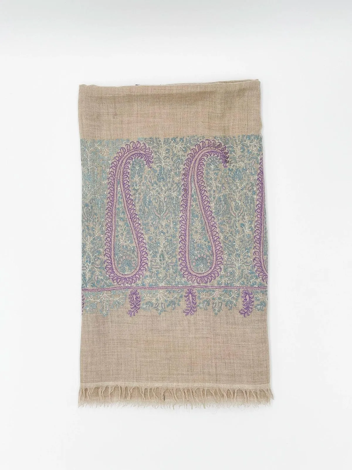 Handwoven 100% Pashmina SHAWL - LIGHT BROWN WITH PURPLE EMBROIDERY