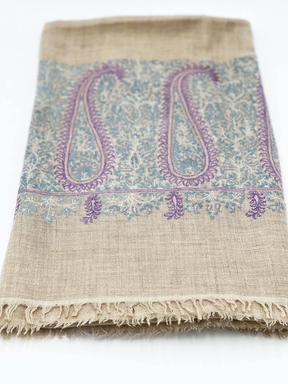 Handwoven 100% Pashmina SHAWL - LIGHT BROWN WITH PURPLE EMBROIDERY