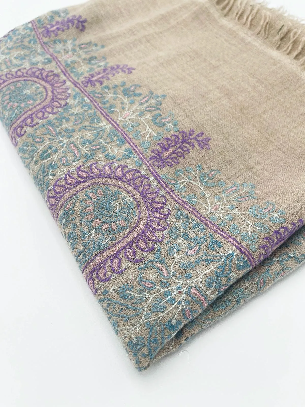 Handwoven 100% Pashmina SHAWL - LIGHT BROWN WITH PURPLE EMBROIDERY