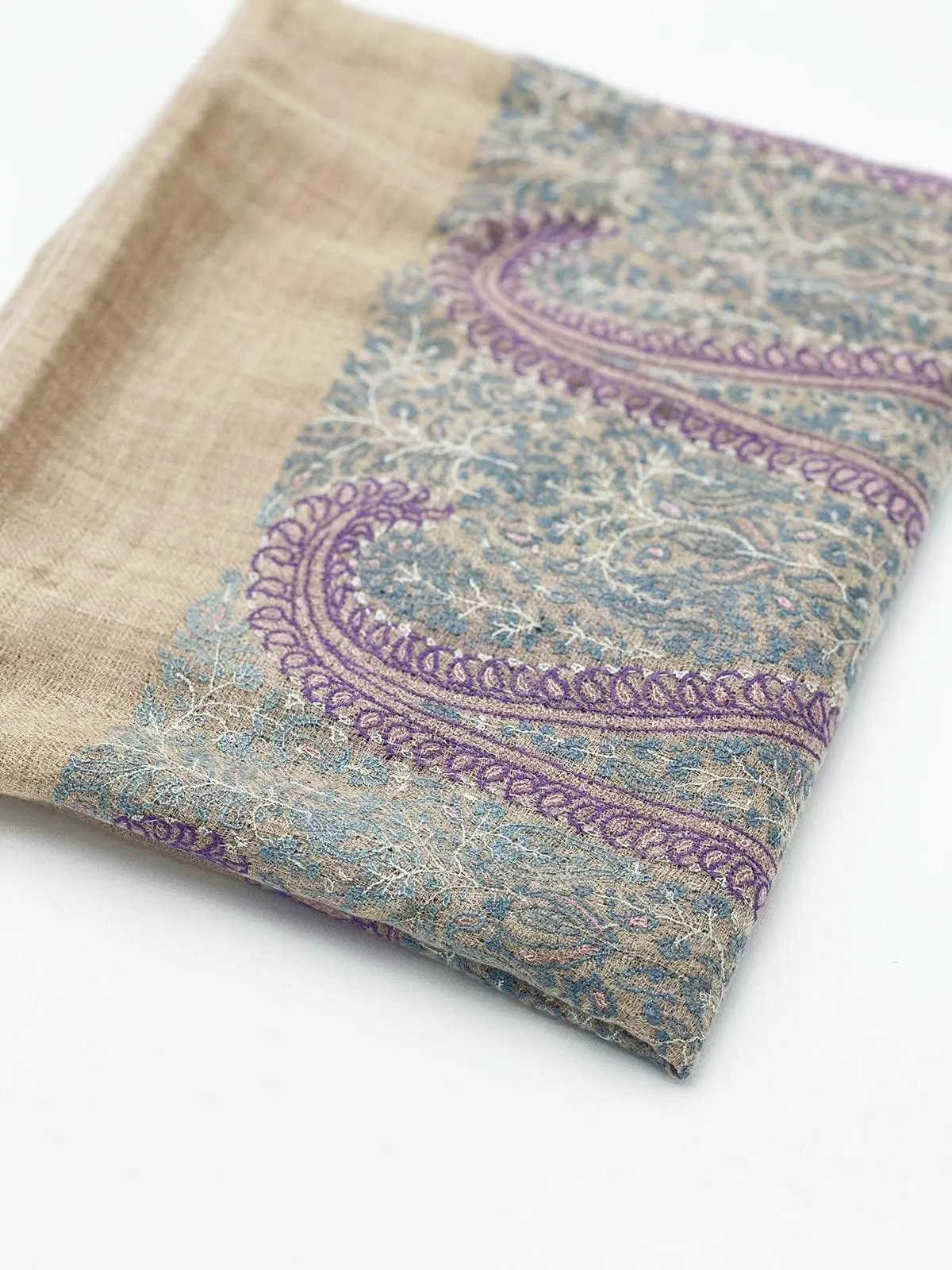 Handwoven 100% Pashmina SHAWL - LIGHT BROWN WITH PURPLE EMBROIDERY