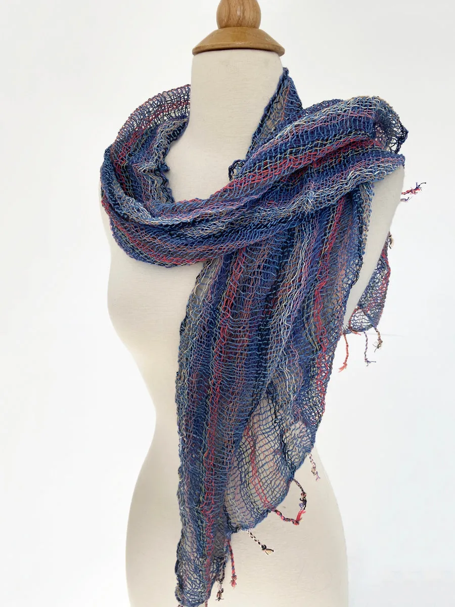 Handwoven Open Weave Cotton Scarf - Multi Blue, Salmon, Black, White