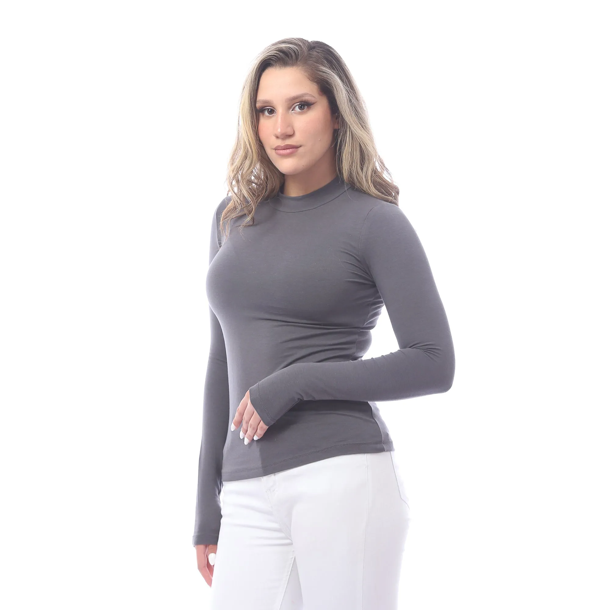 High Neck Long Sleeve T-Shirt For Women - Grey