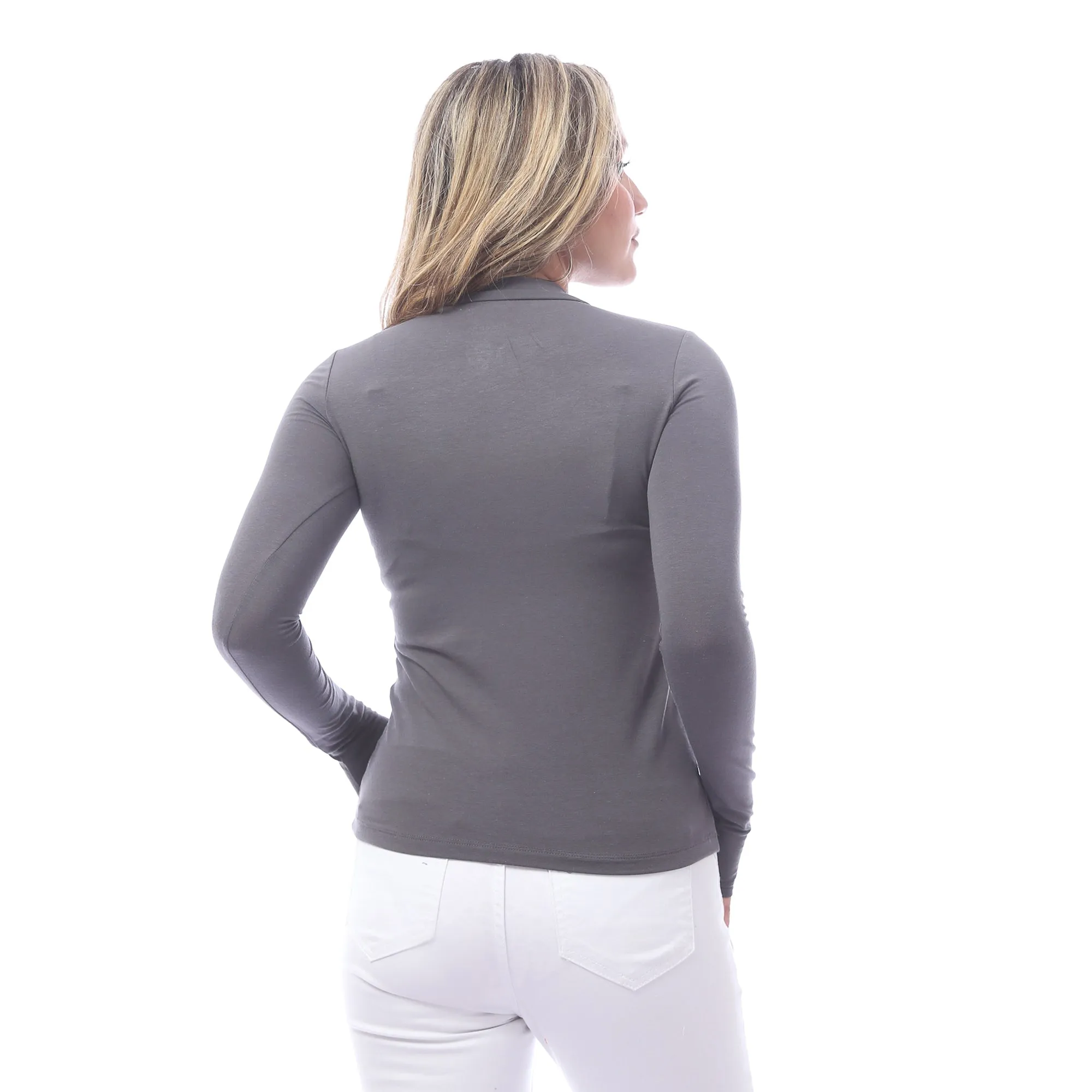 High Neck Long Sleeve T-Shirt For Women - Grey