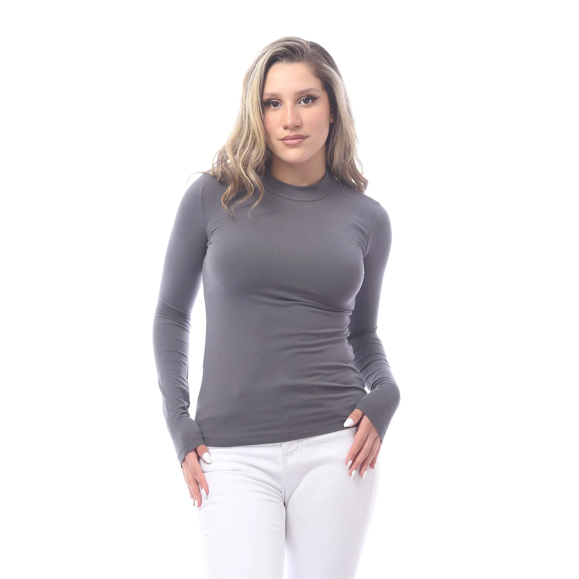 High Neck Long Sleeve T-Shirt For Women - Grey